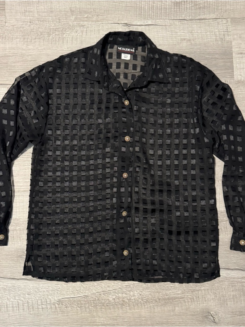 Notations Woman Black Sheer Button Front Blouse Sz S Square Grids Made In USA